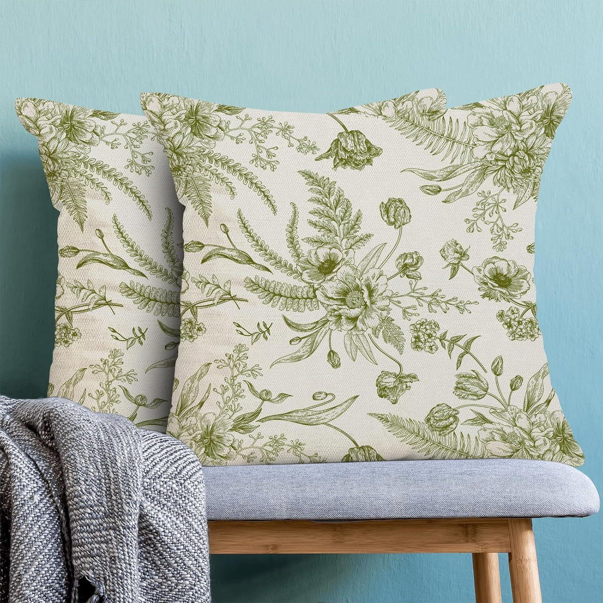 CXMEIFLY Sage Green Spring Pillow Covers 20 x 20 Inch Set of 2 for Chinoiserie Flowers Decor Throw