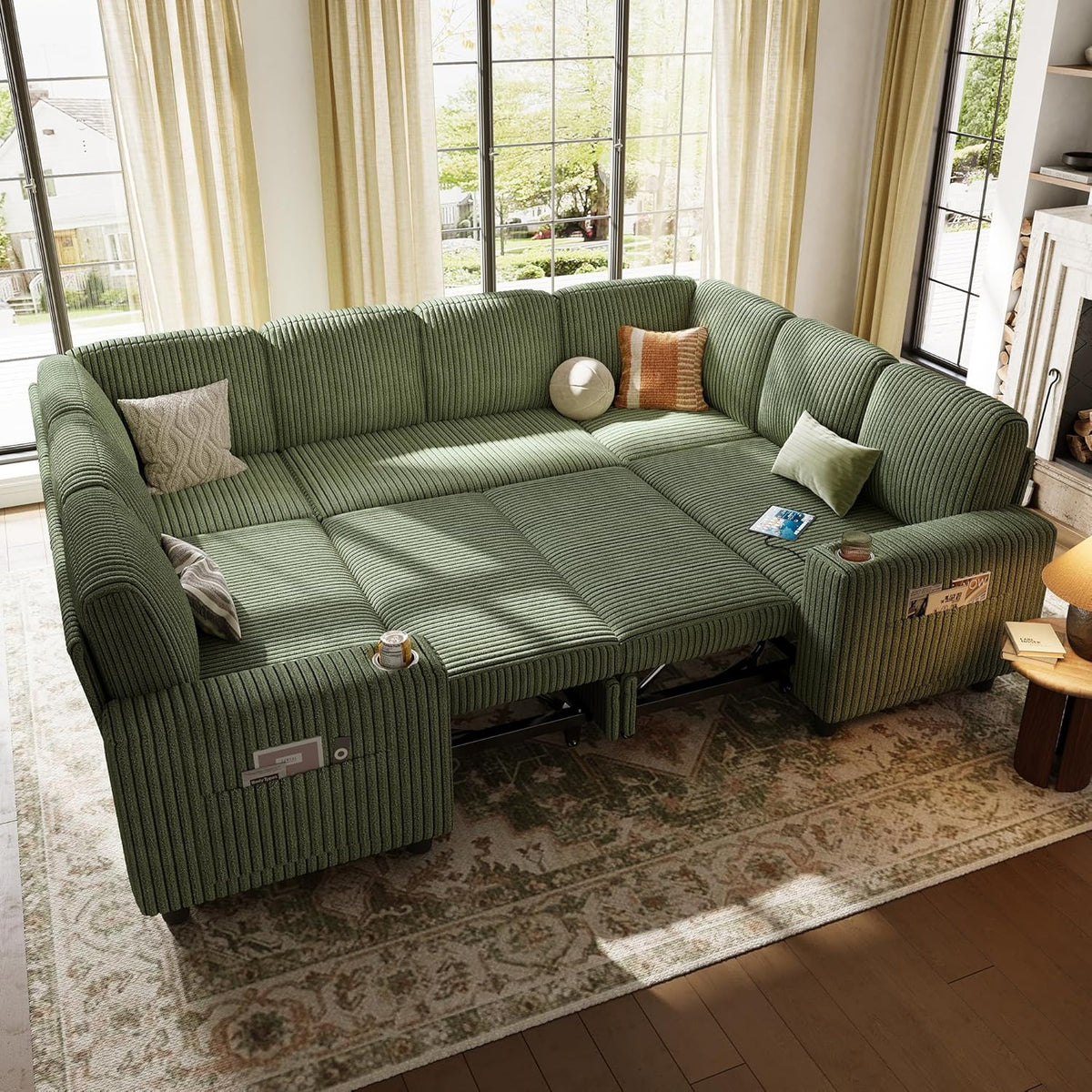 LINSY HOME Sectional Sleeper Sofa with Pull Out Couch Bed - Convertible Plush Corduroy Cloud Couch