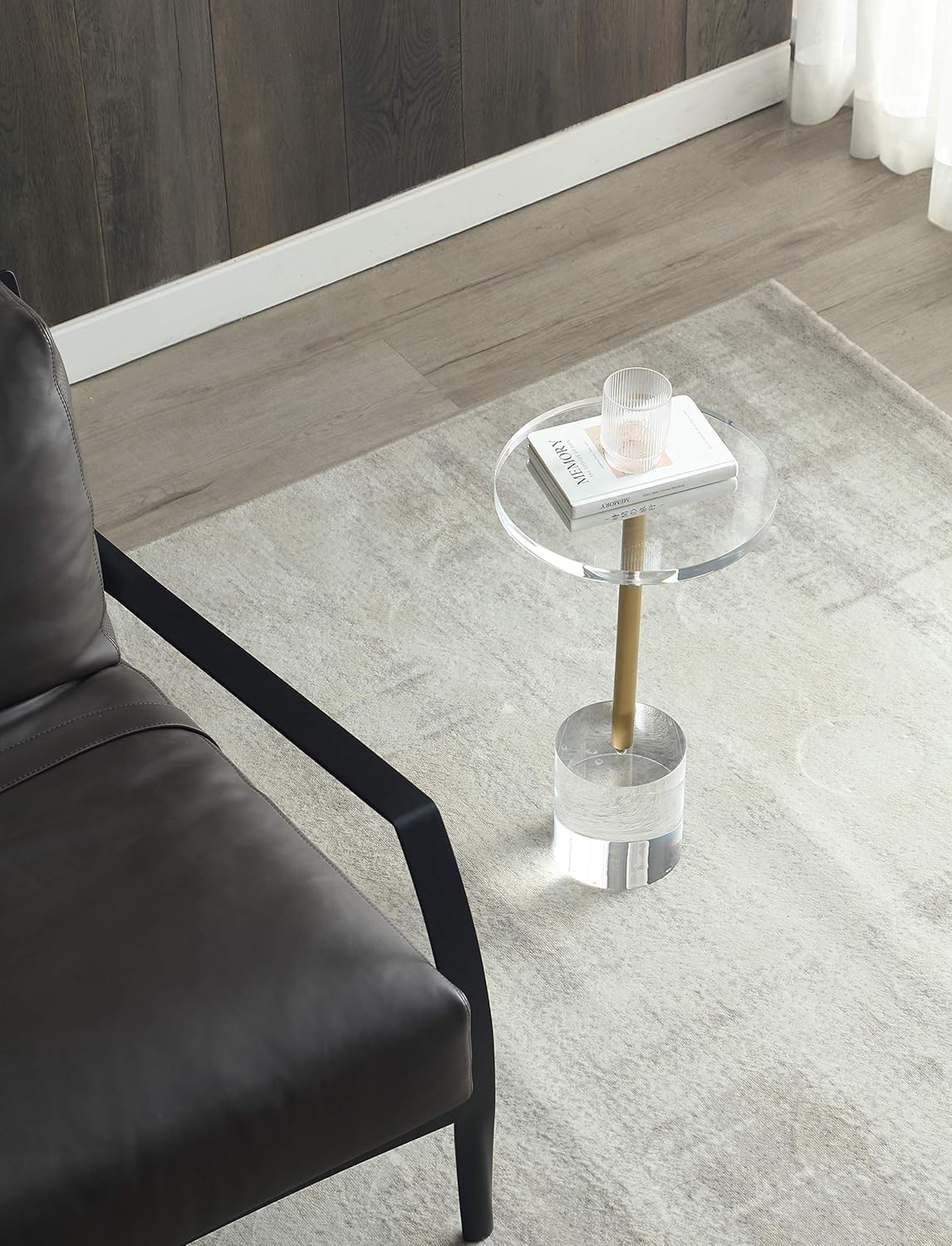 Clear Acrylic End Table,Side Table,Brushed Brass Metal,Round,for Office, Living Room and
