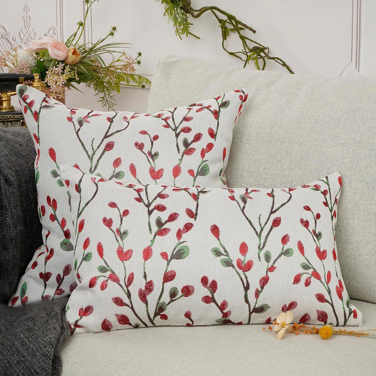 YOUR SMILE Christmas Red Classical Embroidery Jacquard Teal Leaf Pattern Square Decorative Throw