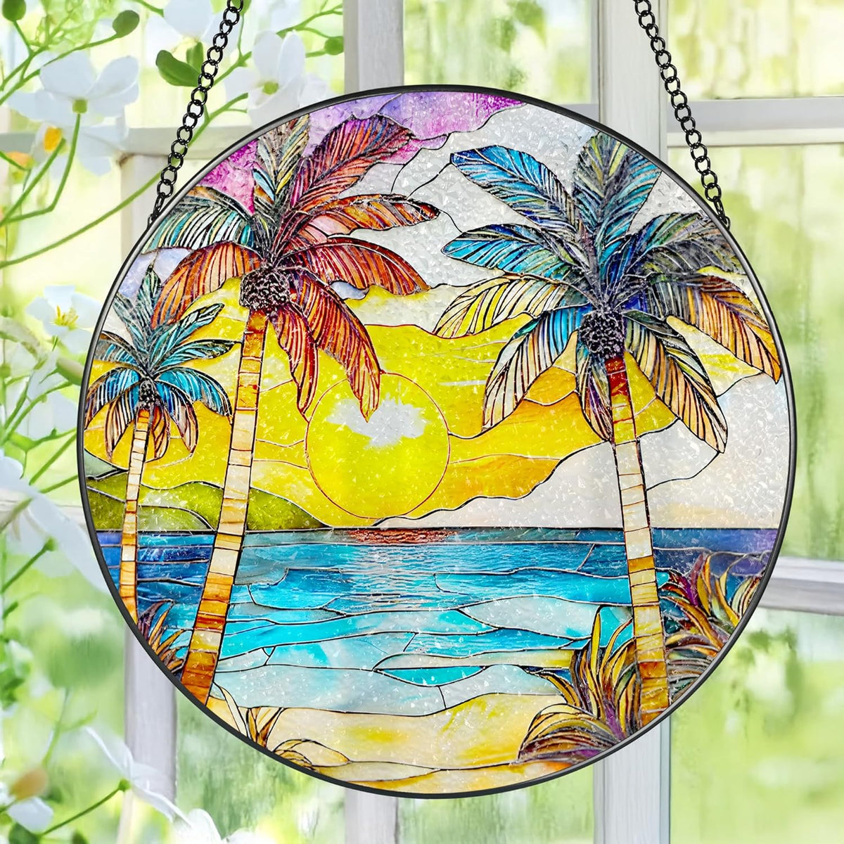 Stained Glass Window Hanging, 8 Inch Beach Sunset Stained Glass Suncatcher, Window Hanging Decor