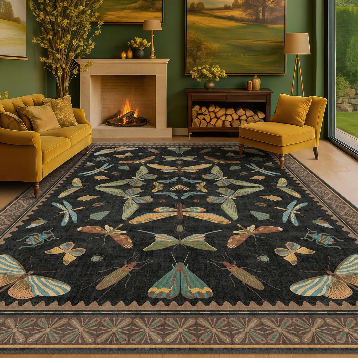 Big Black Area Rug for Living Room - Washable 10x14 Area Rug, Dining Room Rugs for Under Table