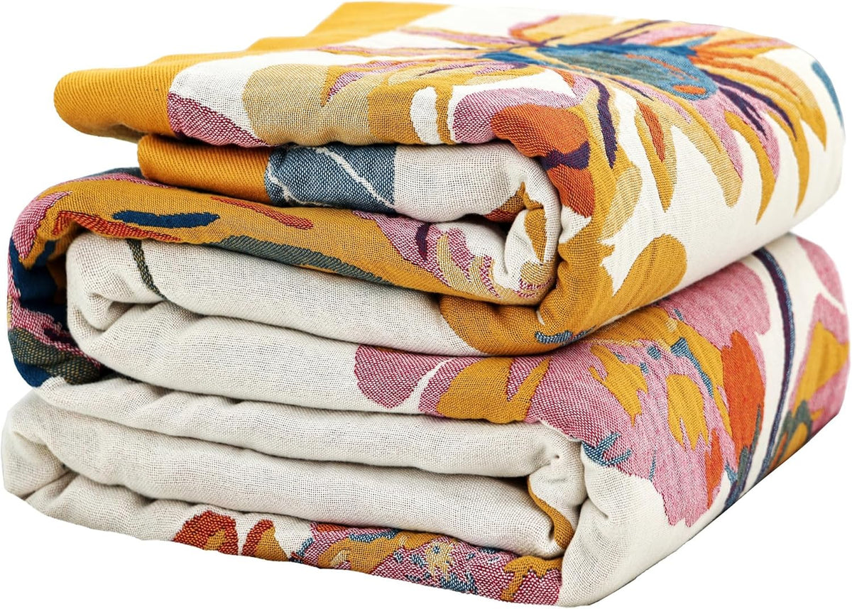 Boho Large Throw Blanket, 100% Organic Cotton Breathable Soft Bed King Throw - Fall Floral Bird