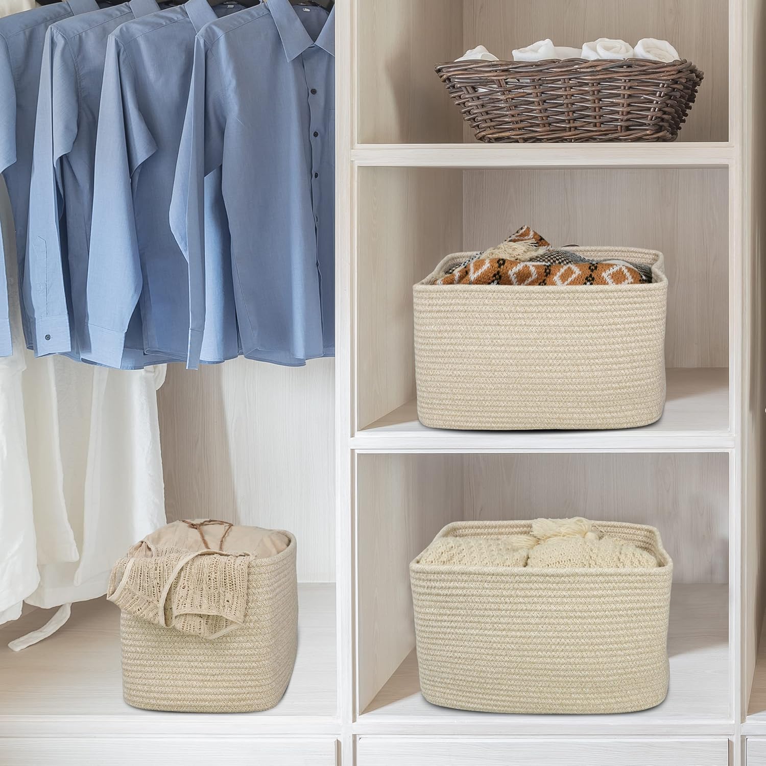 Rope storage Basket Bins Woven Basket for Organizing Shelves Rectangle Decorative Baskets For
