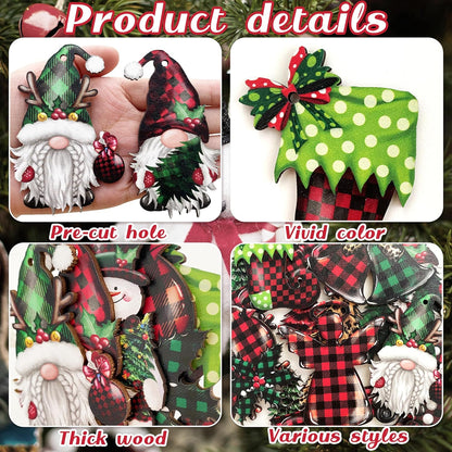 24 Pieces Christmas Wood Ornaments Snowflake Gnome Snowman Truck Wooden Hanging Ornaments Christmas