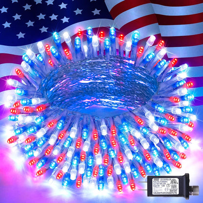 JMEXSUSS 4th of July Decorations Red White and Blue Lights, 33ft 100 LED String Light Indoor