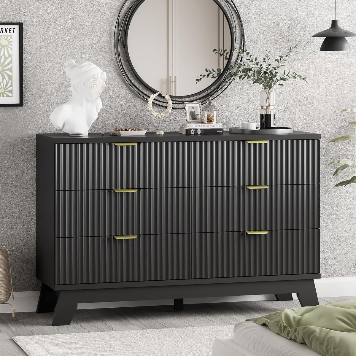Fluted Dresser for Bedroom with 6 Drawers, 48" Wide Wooden Chest of Drawers with Metal Handle