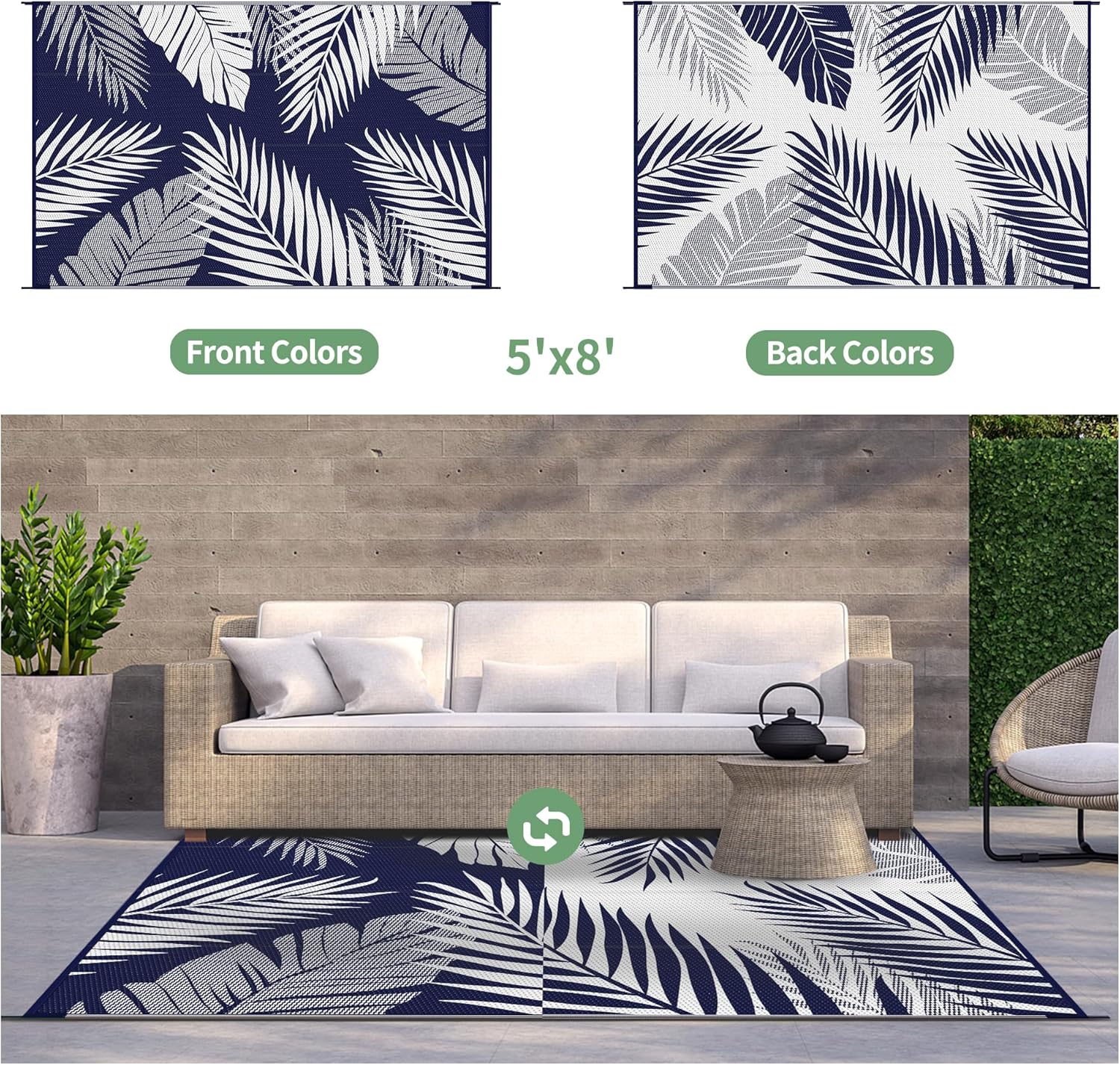 GENIMO Outdoor Rug 5' x 8' Waterproof for Patios Clearance, Reversible Outdoor Plastic Straw