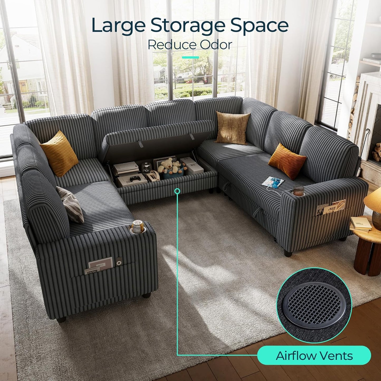LINSY HOME Sectional Sleeper Sofa with Pull Out Couch Bed - Convertible Plush Corduroy Cloud Couch