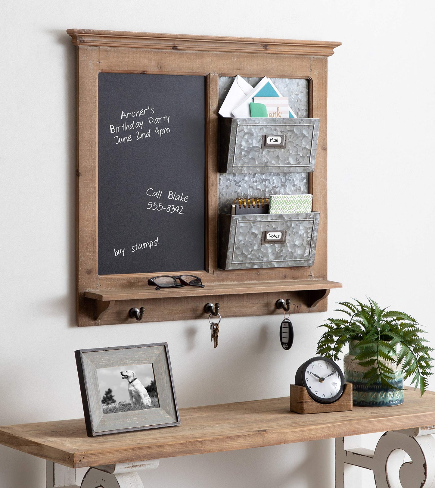 Kate and Laurel Idamae Wood Framed Chalkboard Wall Organizer with Mail Holders and Key Hooks, 28" x