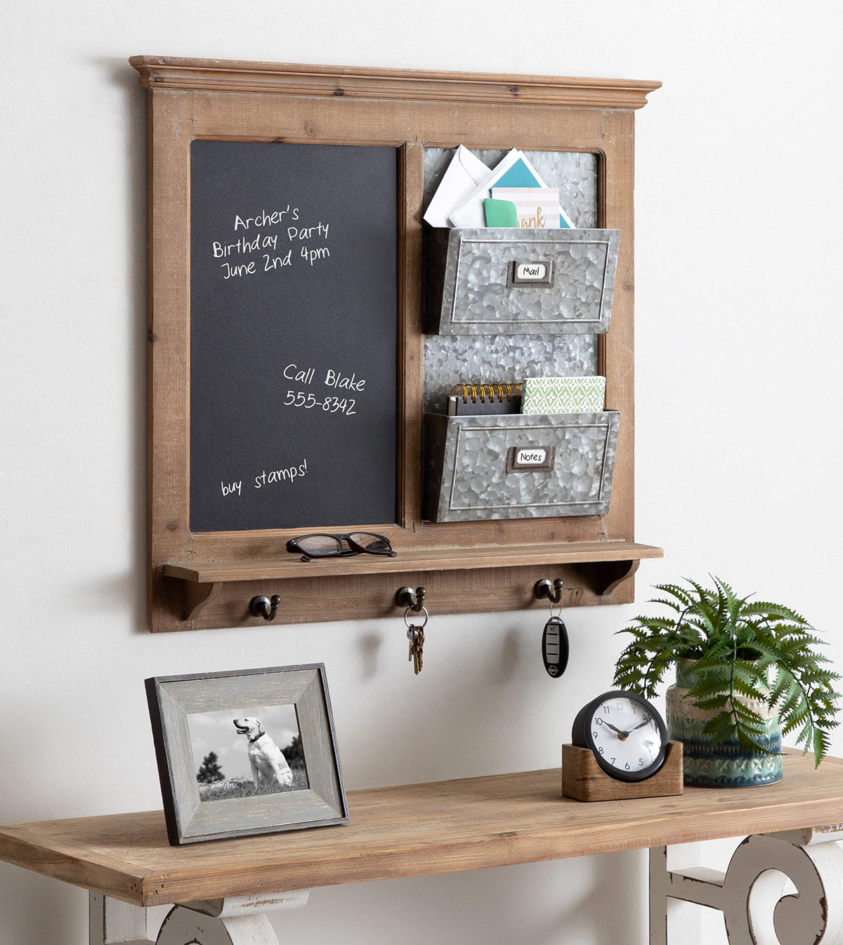 Kate and Laurel Idamae Wood Framed Chalkboard Wall Organizer with Mail Holders and Key Hooks, 28" x