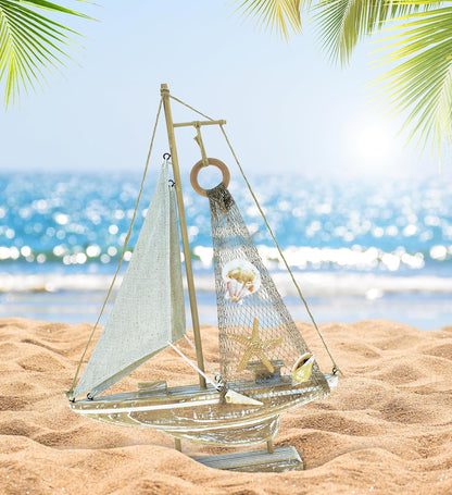 Puzzled Baja Haven Sailboat Decor - Handmade Beach Themed Wooden Boat Home Decor for Living Room