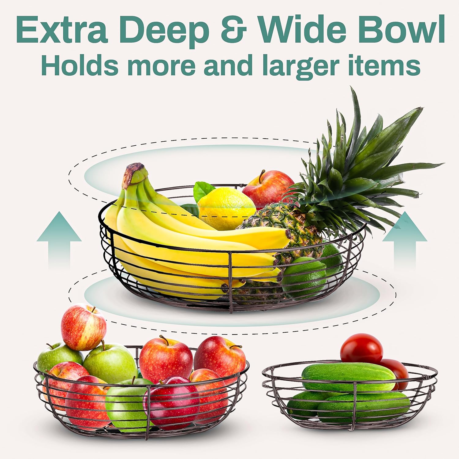 Home Intuition 3-Tier Hanging Fruit Produce Basket Heavy Duty Wire with 2 Metal Ceiling Hooks
