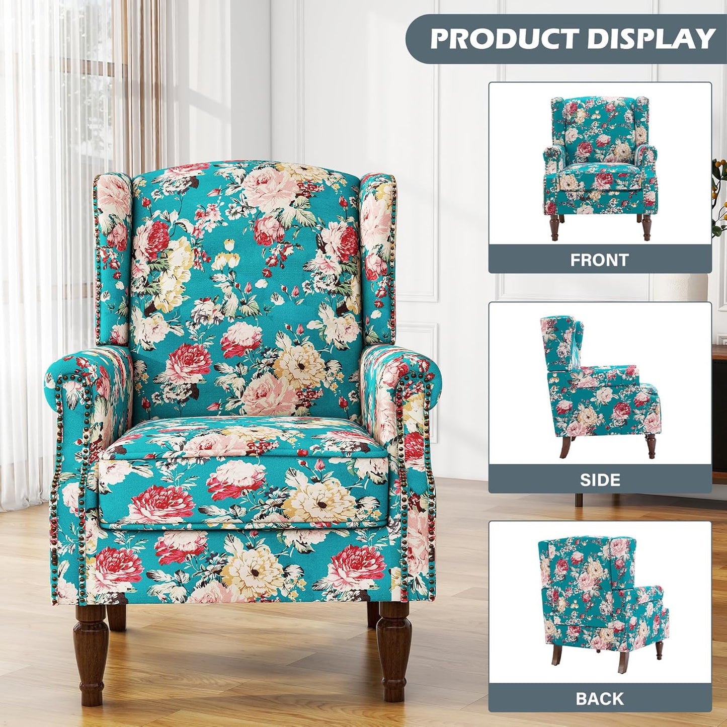 UIXE High Back Floral Accent Chairs Set of 2, Upholstered Armchair in Fabric, Retro Printed