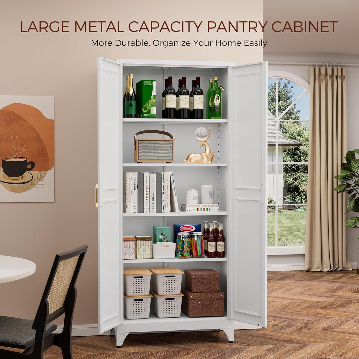 75" Kitchen Pantry Cabinet, White Metal Storage Cabinets with 2 Doors and 4 Adjustable Shelves