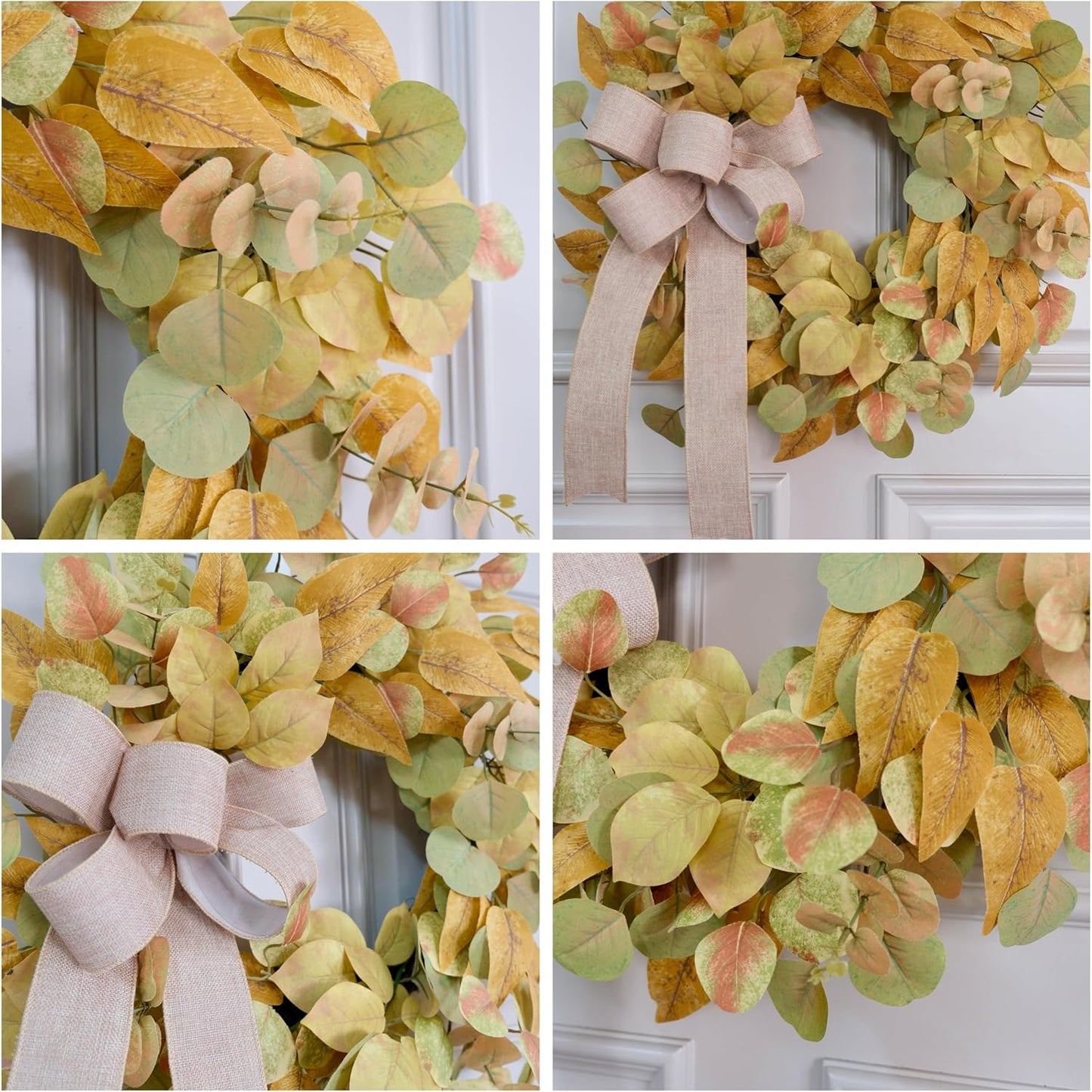 Fall Wreath for Front Door 24 Inch, Autumn Colored Faux Leaves Wreath with Bow, Simple & Minimalist
