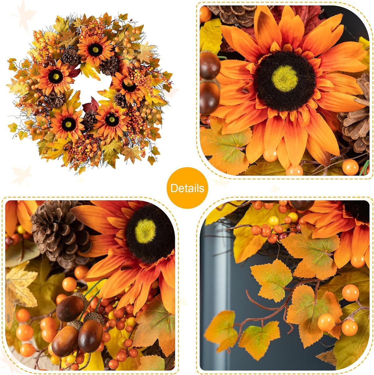 Glitzhome 24'' Fall Wreath for Front Door Decor, Artificial Autumn Orange Wreath with Sunflower