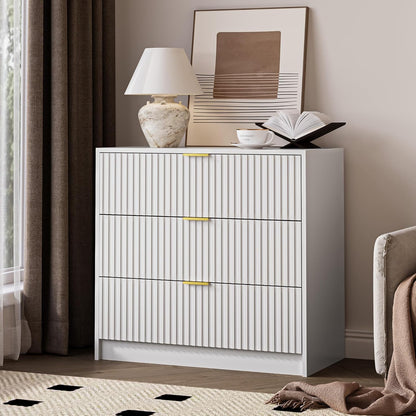 White Fluted Dresser for Bedroom, 32 Inch Wide Nightstand with Large Drawer, 3 Drawer End Table for