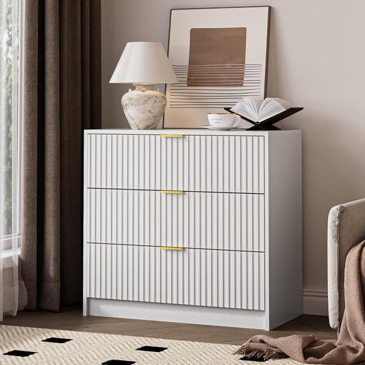 White Fluted Dresser for Bedroom, 32 Inch Wide Nightstand with Large Drawer, 3 Drawer End Table for