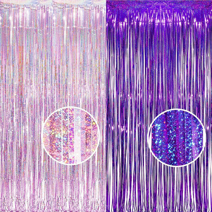 BRAVESHINE 1 Purple 1 Pink Streamers Party Photo Backdrop - 3.2 ft x 8.2 ft Metallic Tinsel Foil