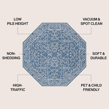 JONATHAN Y Vintage Filigree Indoor Outdoor Octagon Area Rug 5 Ft Navy/Gray, Charleston Textured