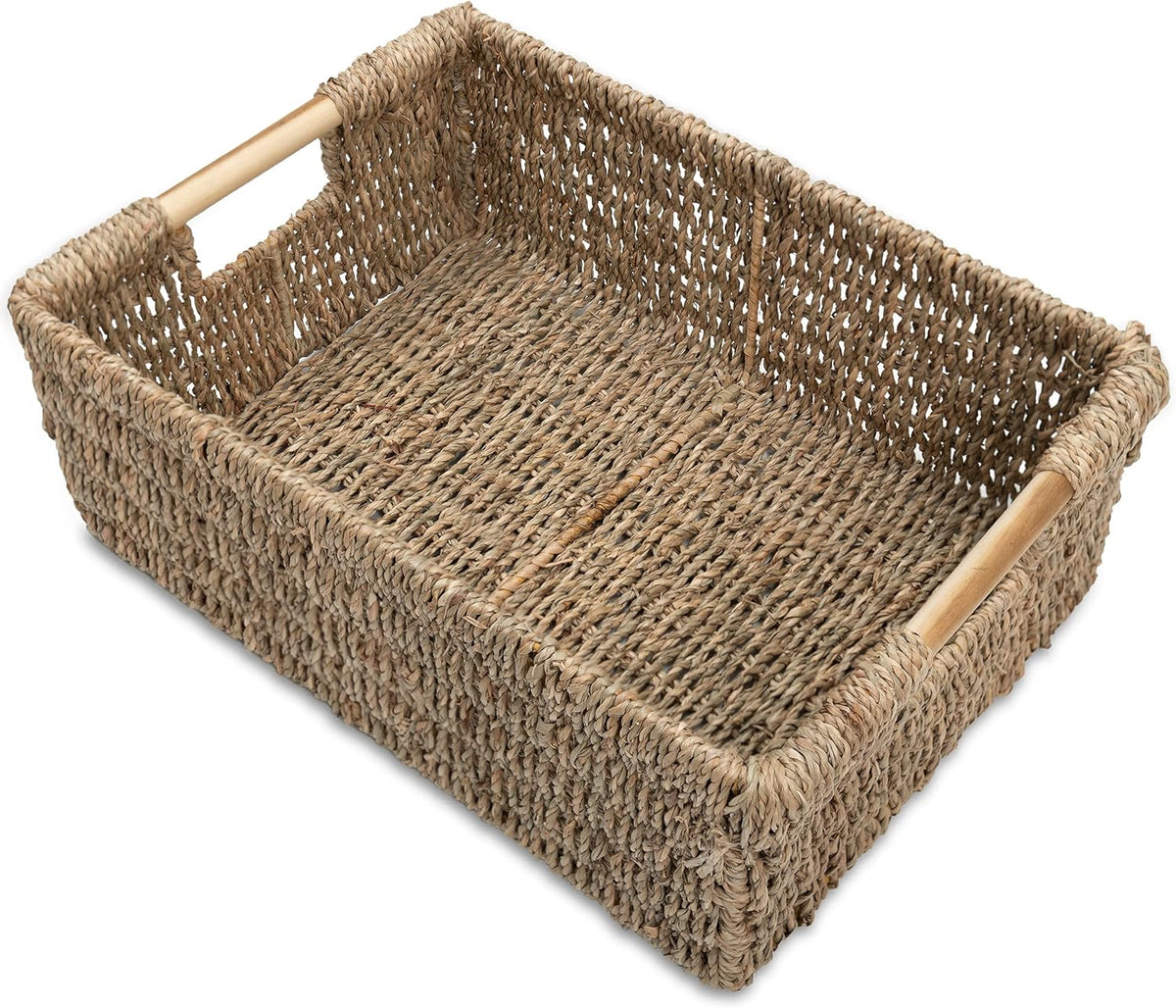 Large Natural Wicker Basket Rectangular with Wooden Handles, Seagrass Storage for Organizing