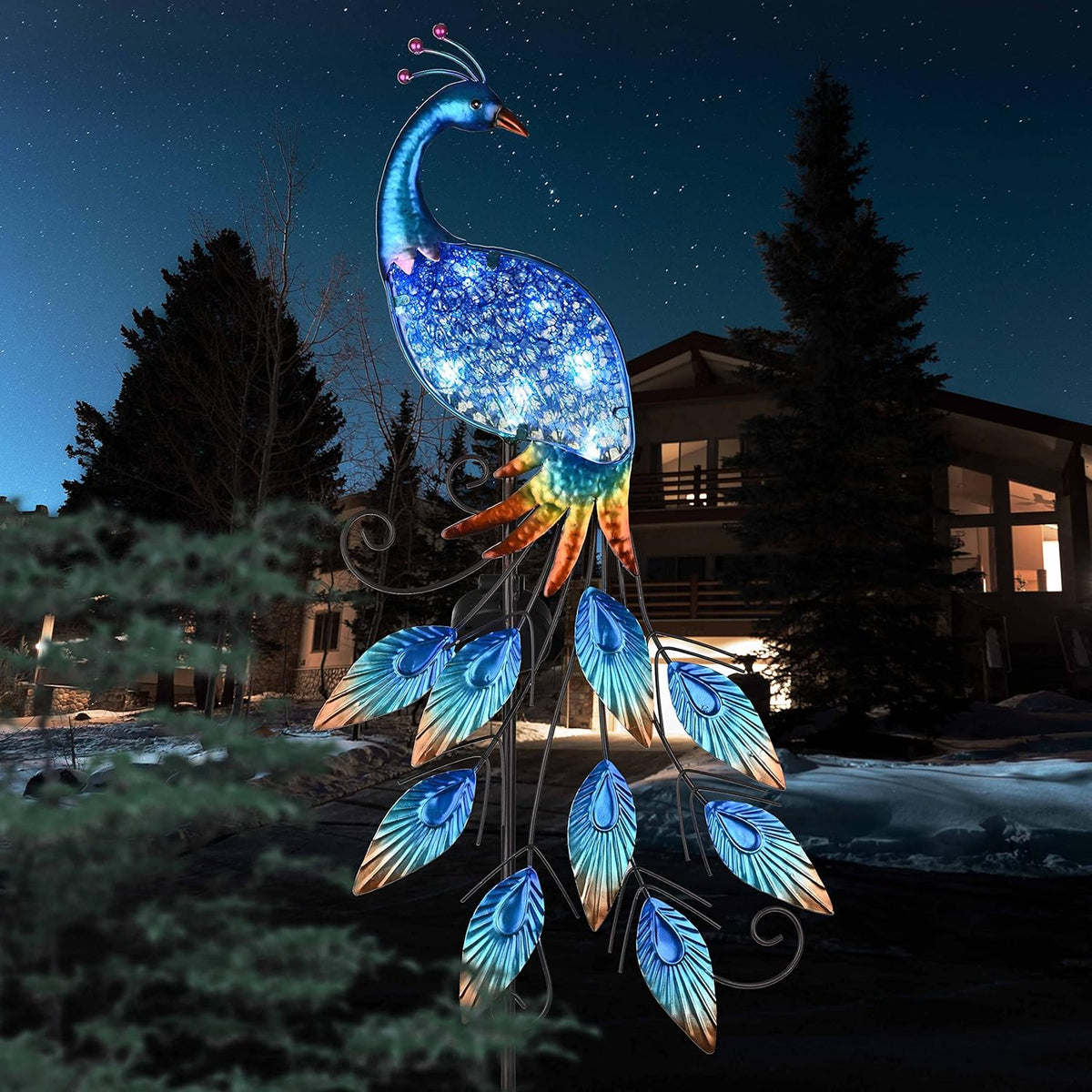 TERESA'S Collections Garden Decor Blue Peacock with Solar Outdoor Lights, 40" Glass Yard Art for