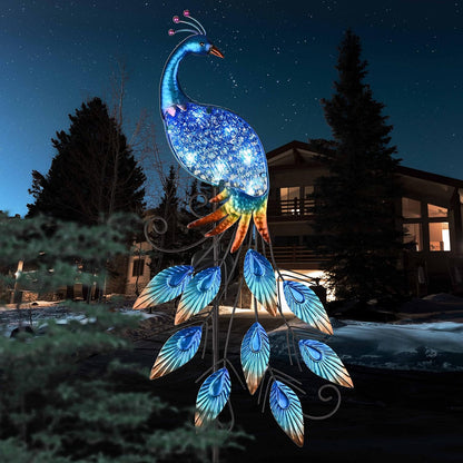 TERESA'S Collections Garden Decor Blue Peacock with Solar Outdoor Lights, 40" Glass Yard Art for