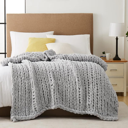 L'AGRATY Chunky Knit Blanket Throw: 80''x90'' Chenille Chunky Knitted Throw Blanket for Bed Couch