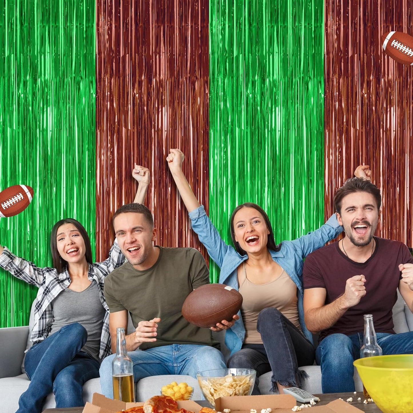 2 Pack Football Party Decorations, 3.28 FT x 7.05 FT Tinsel Backdrop, Brown Green Foil Fringe