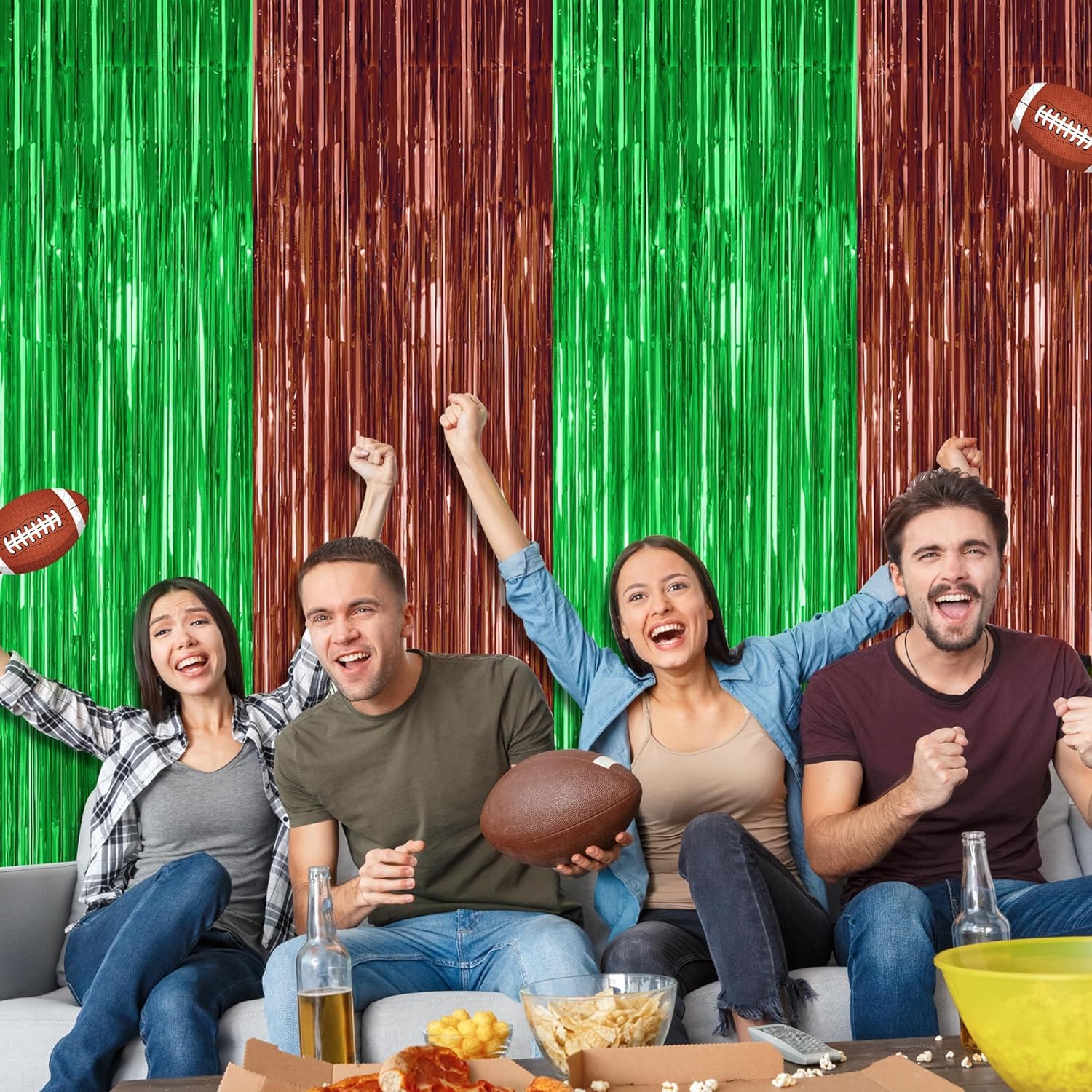 2 Pack Football Party Decorations, 3.28 FT x 7.05 FT Tinsel Backdrop, Brown Green Foil Fringe