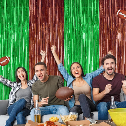 2 Pack Football Party Decorations, 3.28 FT x 7.05 FT Tinsel Backdrop, Brown Green Foil Fringe