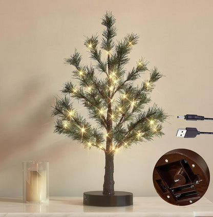 Hairui Christmas Tabletop Pine Tree Lights 60 LED 18IN Battery or USB Oprerated with Timer, Lighted