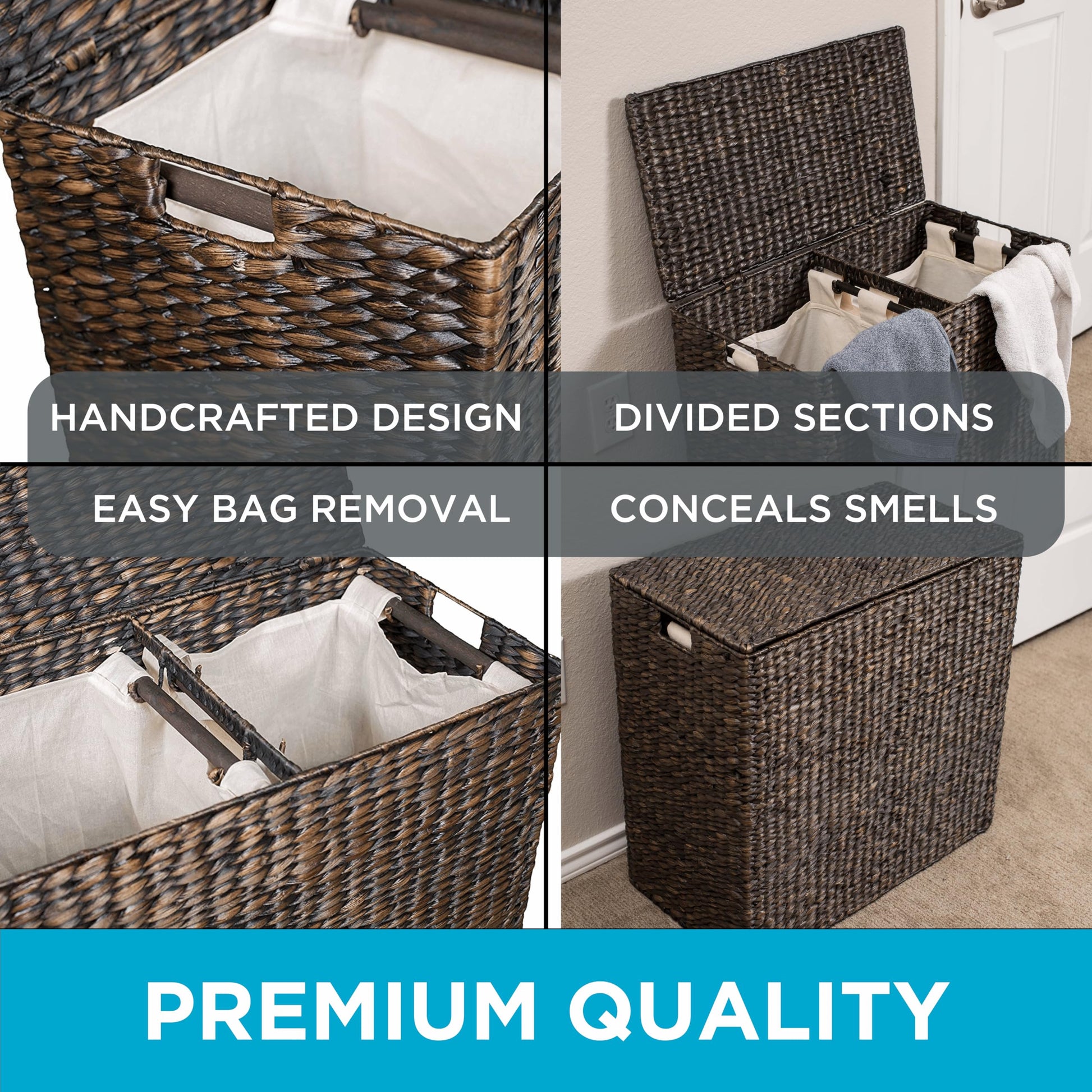 BirdRock Home Water Hyacinth Laundry Hamper Divided Interior (Espresso) | Eco-Friendly | Made of