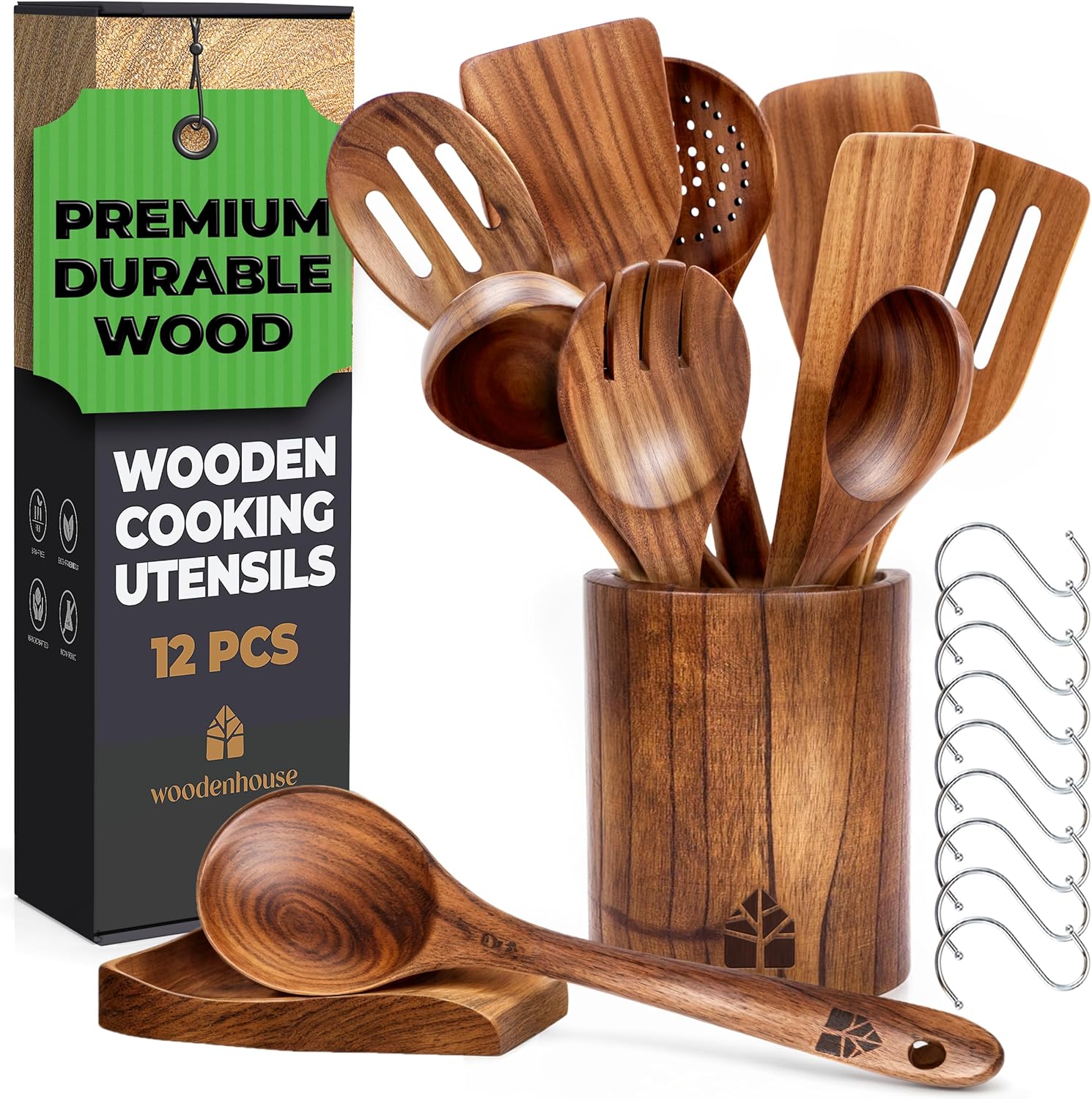 Wooden Spoons for Cooking – Wooden Cooking Utensils Set with Holder, Spoon Rest & Hooks, Teak Wood