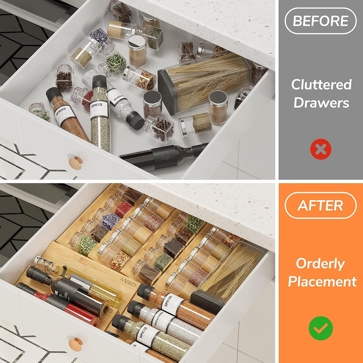 AMBIRD Bamboo Spice Drawer Organizer with Non-slip Mat,4 Tier - 2 Set Jar Spice Rack Tray From