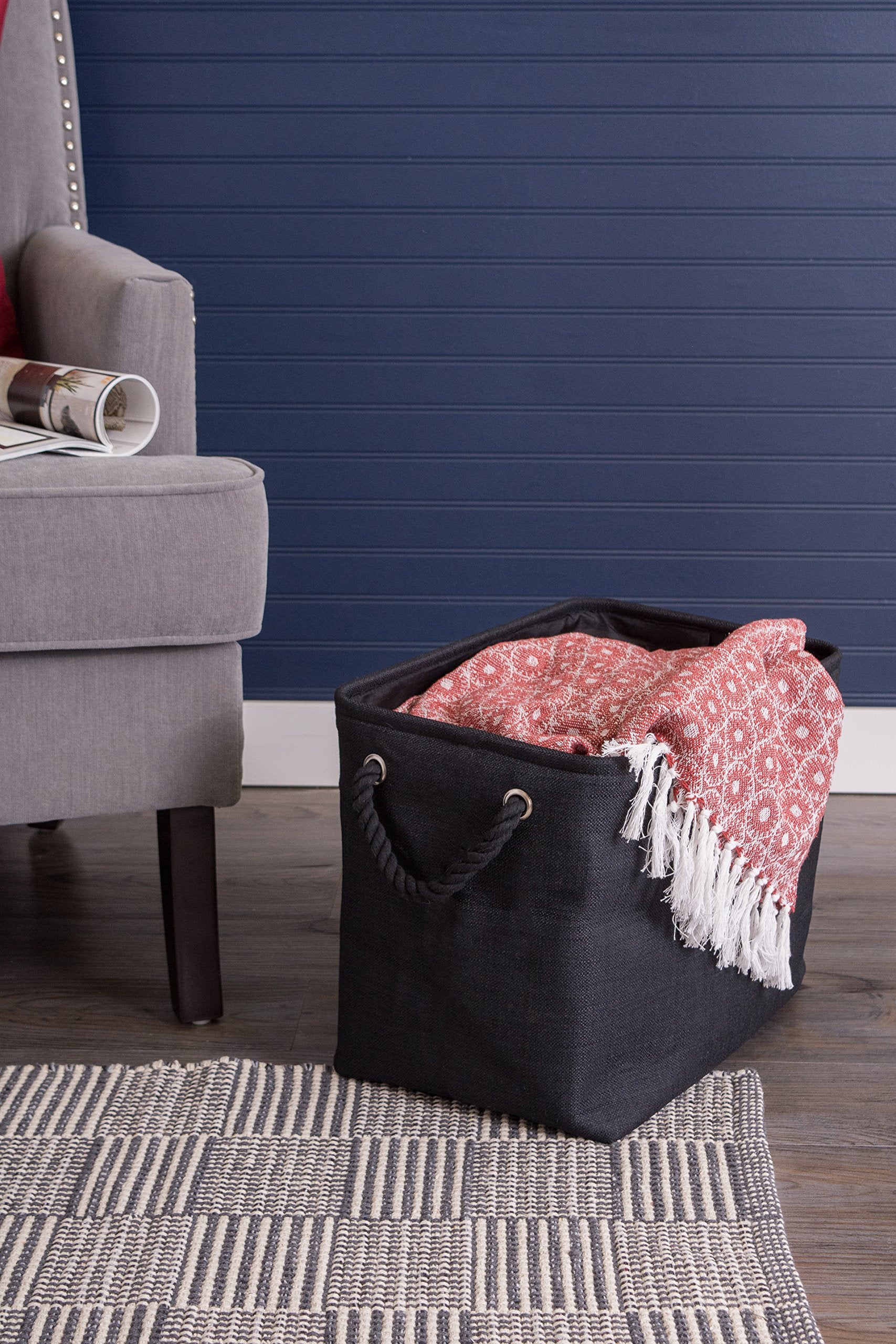 DII, Collapsible Variegated Polyester Storage Bin with Cotton Handles Small Black