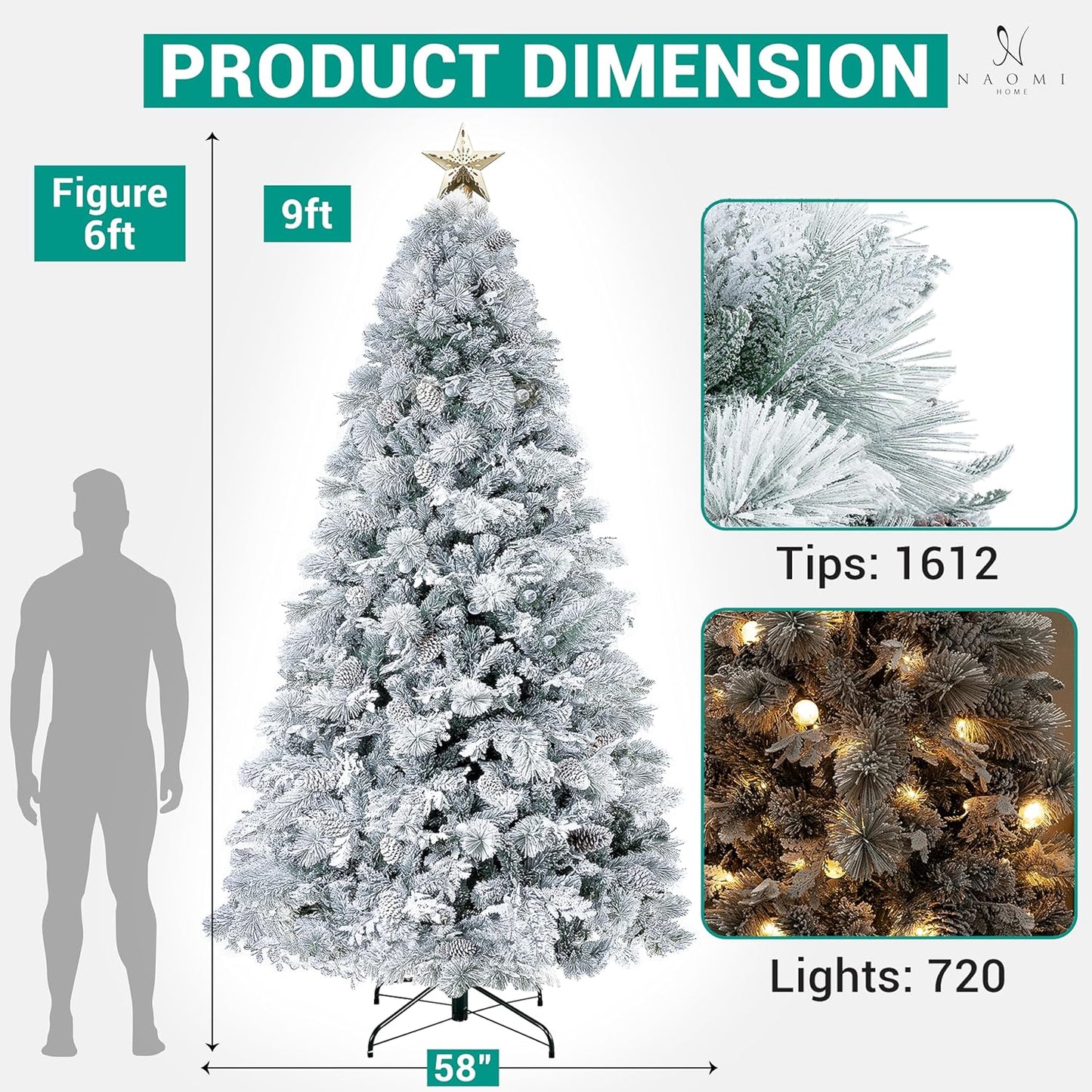 Darla 9ft Snow Flocked Prelit Artificial Christmas Tree with Star Projector, 58 Pine Cones, 1612