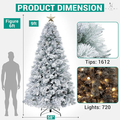 Darla 9ft Snow Flocked Prelit Artificial Christmas Tree with Star Projector, 58 Pine Cones, 1612
