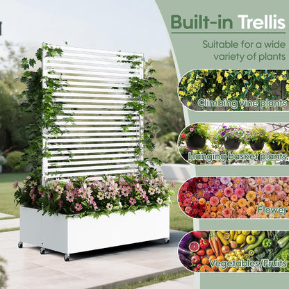 Double Metal Planter Box with Trellis Privacy Screen, Raised Garden Bed with Trellis & Wheels