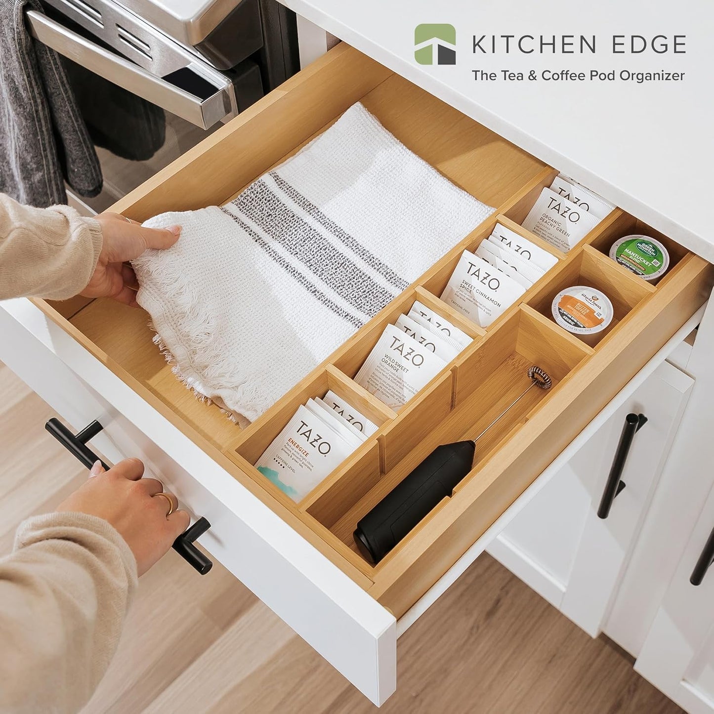 Premium Tea Bags and Coffee Pods Drawer Organizer – Small 9-Compartment Design with Removable Wall