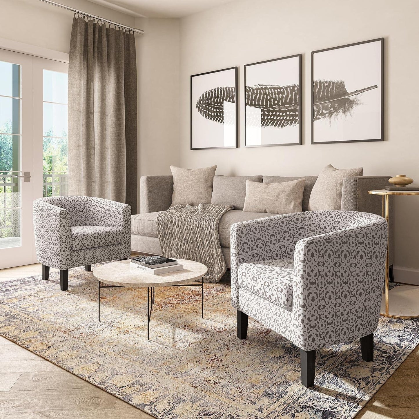 BELLEZE Accent Barrel Chair, Linen Round Chair Club Tub Sofa Corner Chair with Flared Legs and Cozy