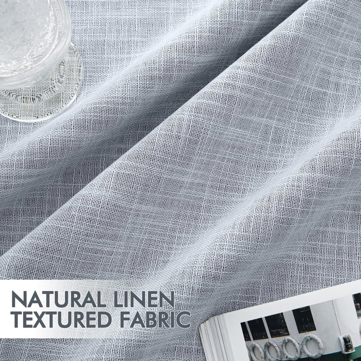 MIULEE Light Blue 100% Blackout Linen Curtains 84 Inch 2 Panels Set Double Sided No Coating Pleated
