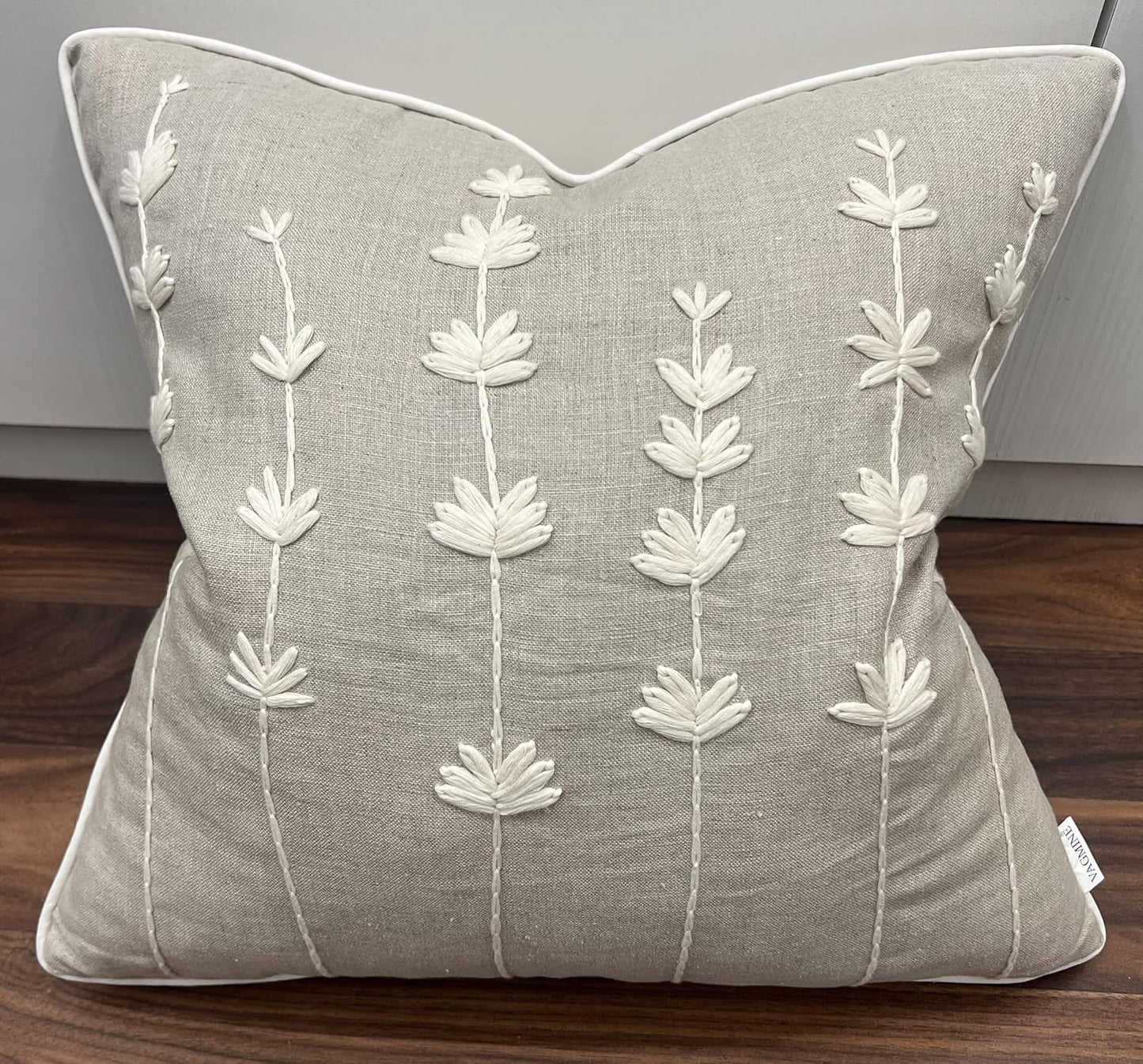 VAGMINE Hand Embroidered Daisy Accent Throw Pillow Cover - 20x20 Inches Square - 100% Linen Natural