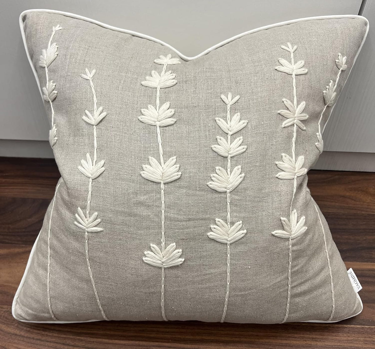 VAGMINE Hand Embroidered Daisy Accent Throw Pillow Cover - 18x18 Inches Square - 100% Linen Natural