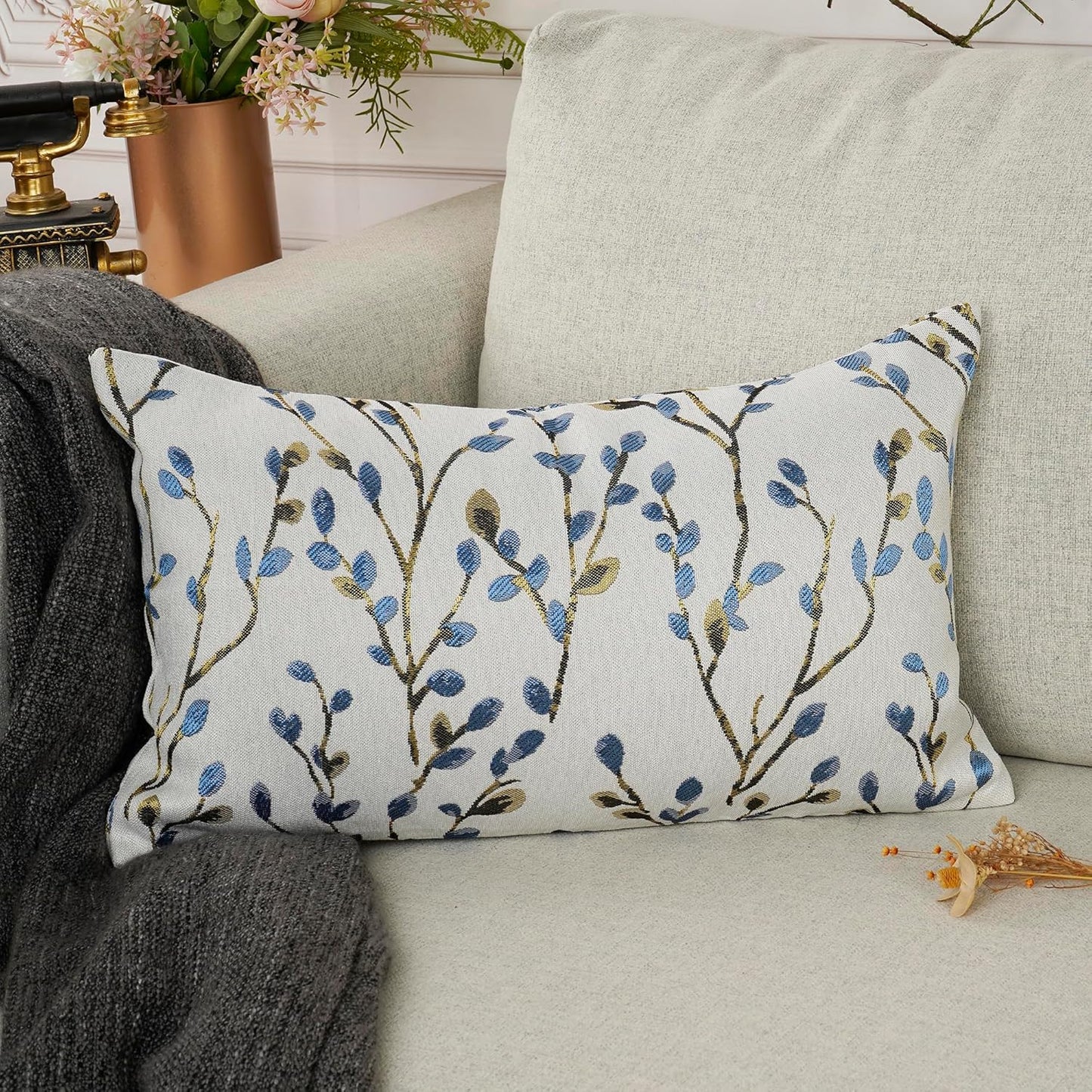 YOUR SMILE Classical Embroidery Jacquard Blue Square Decorative Throw Pillow Case Cushion