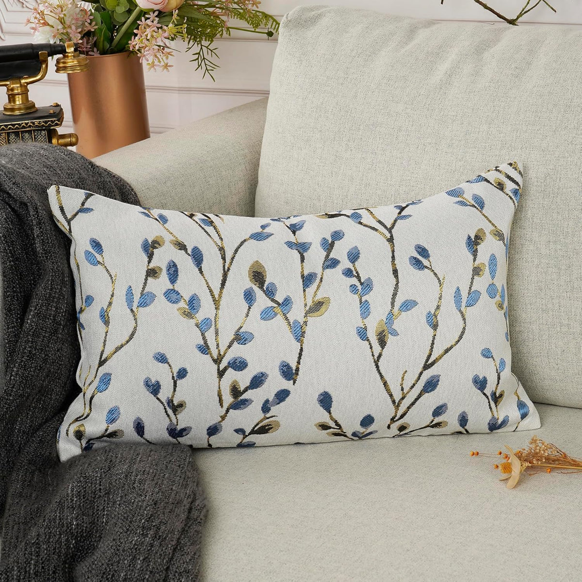 YOUR SMILE Classical Embroidery Jacquard Blue Square Decorative Throw Pillow Case Cushion