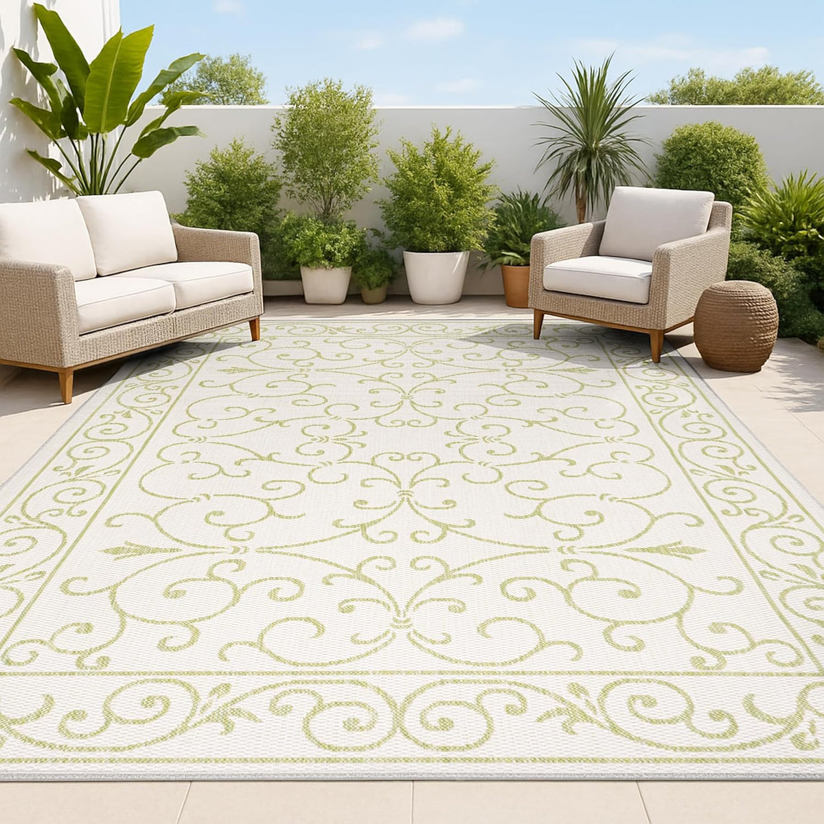 JONATHAN Y Vintage Filigree Indoor Outdoor Area Rug 5X8 Cream/Green, Charleston Textured Weave for