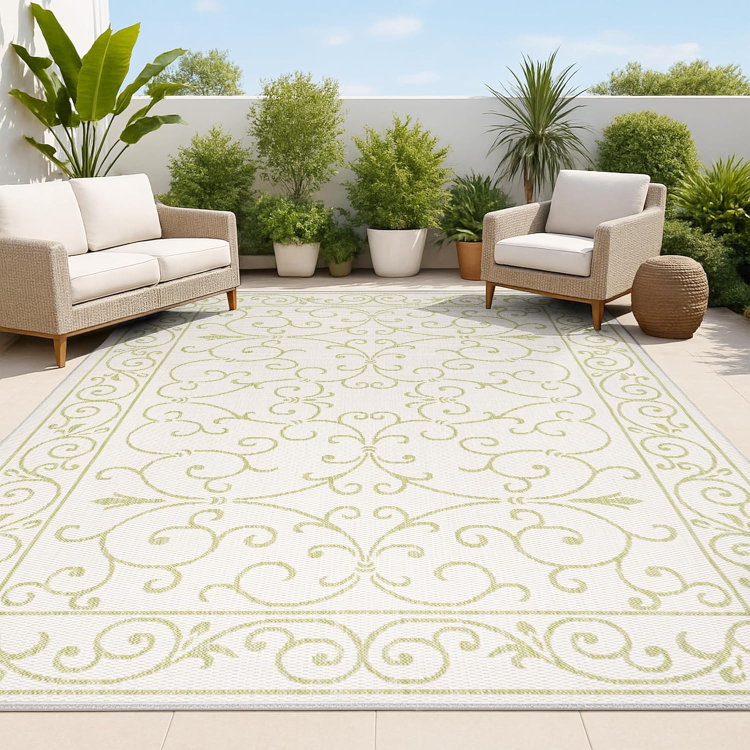 JONATHAN Y Vintage Filigree Indoor Outdoor Area Rug 9X12 Cream/Green, Charleston Textured Weave for