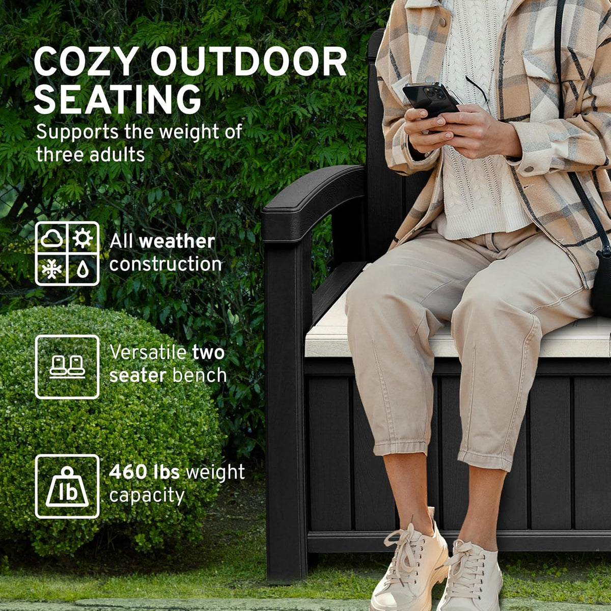 EconoHome 2 Seat Outdoor Storage Bench with Rain Cover - 60 Gallon Capacity - Weatherproof Resin